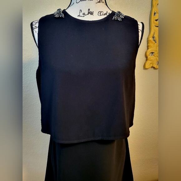 MNG Casual Black Fit + Flare, Floating Top, Sleeveless Bejeweled Shoulder Dress - Picture 2 of 8
